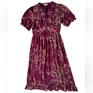 Les Serein - Women’s Burgundy Floral Button Front Midi Dress (EUC) Size: L